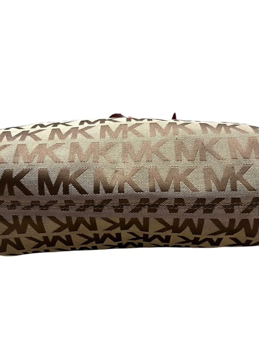 MICHAEL KORS MK Signal Jacquard Jet Set Brown Logo Tote with Red Leather Handles - Picture 4 of 7
